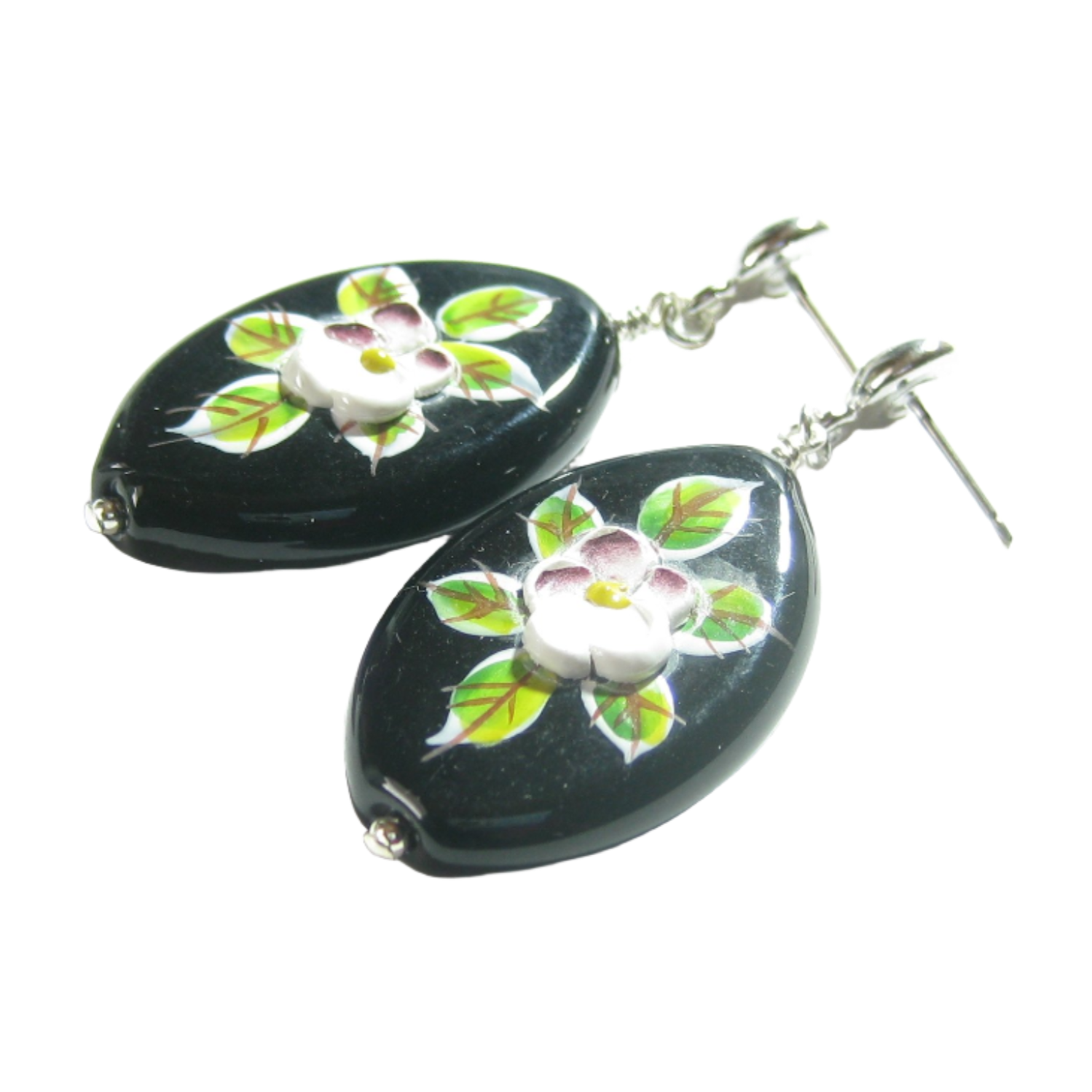 Murano Glass Black Oval Flower Sterling Silver Earrings - JKC Murano