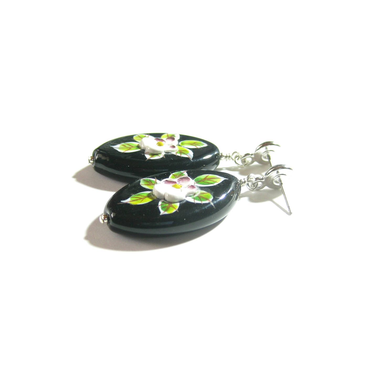 Murano Glass Black Oval Flower Sterling Silver Earrings - JKC Murano