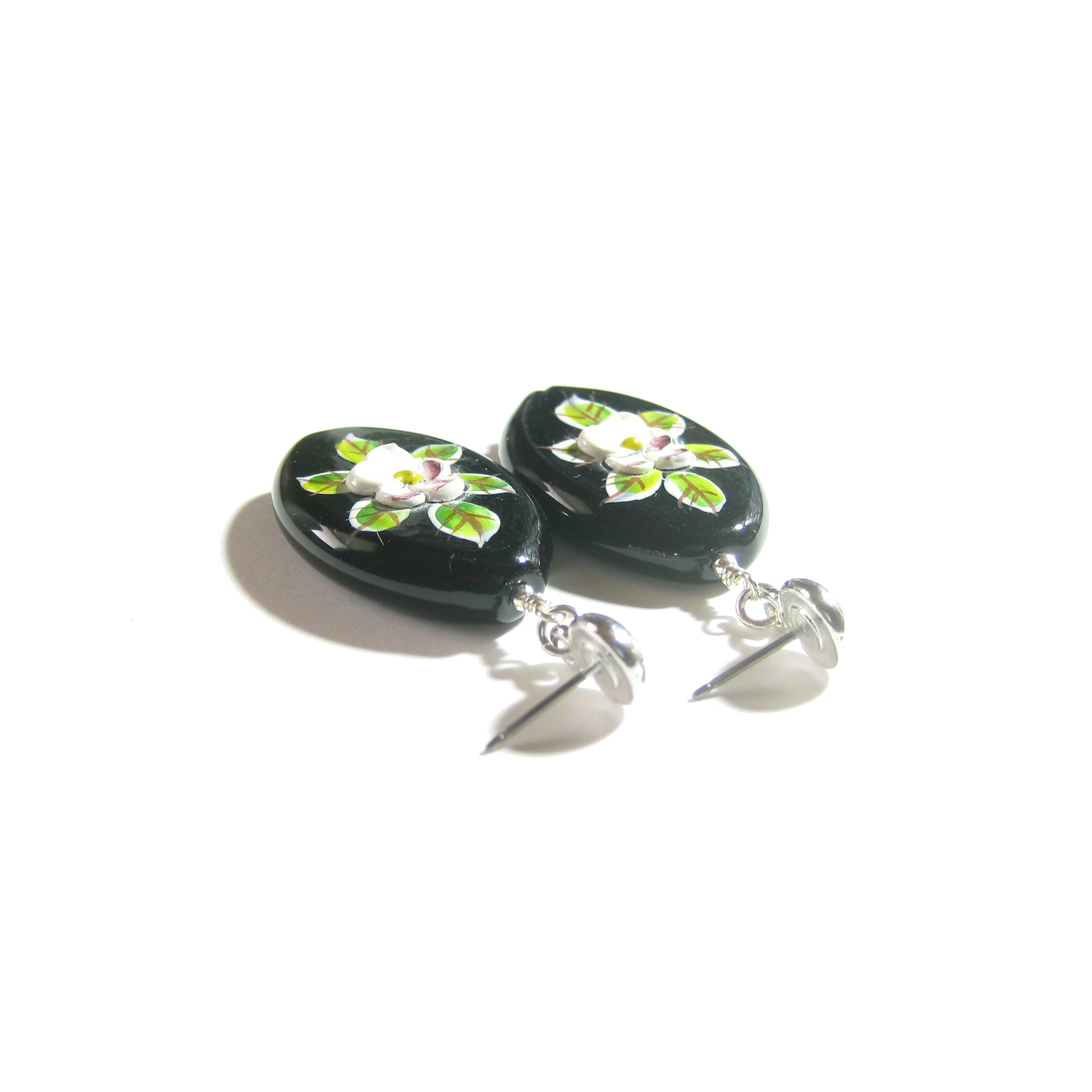 Murano Glass Black Oval Flower Sterling Silver Earrings - JKC Murano