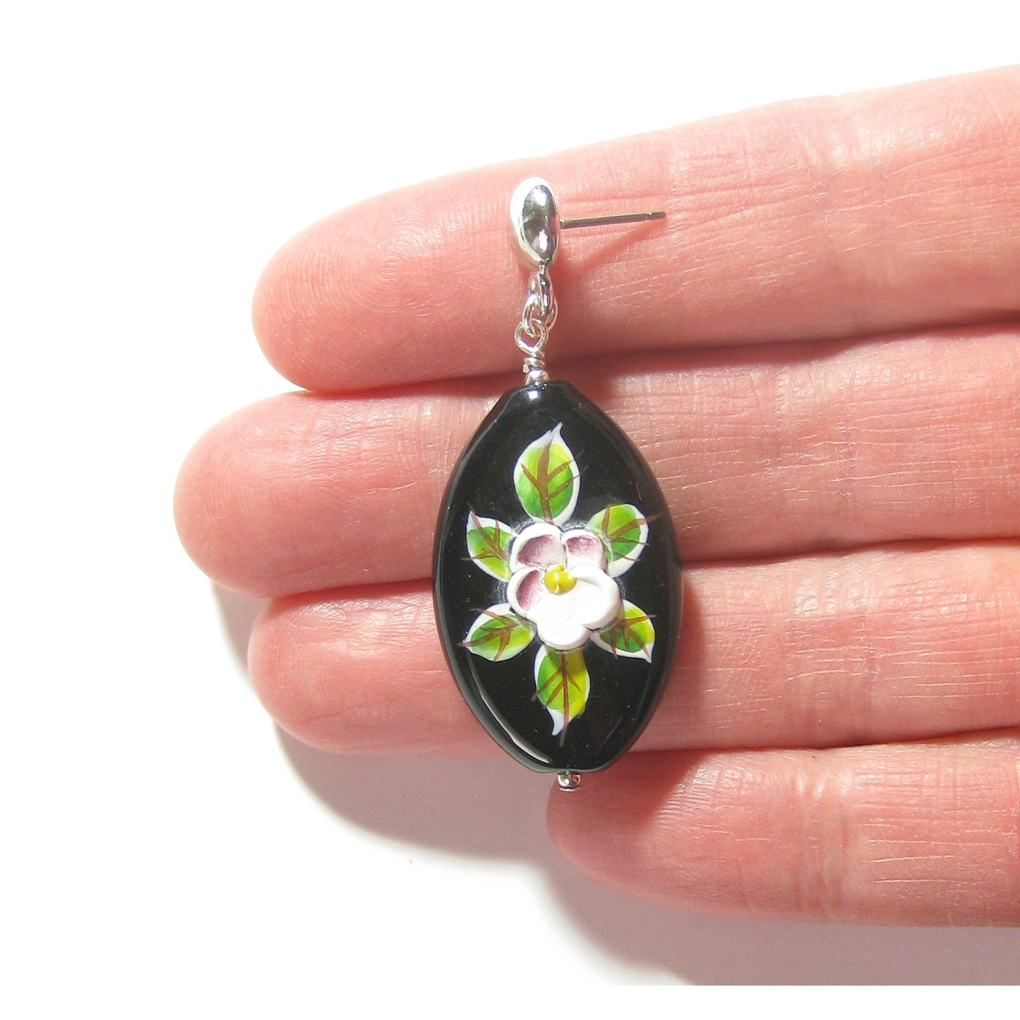 Murano Glass Black Oval Flower Sterling Silver Earrings - JKC Murano