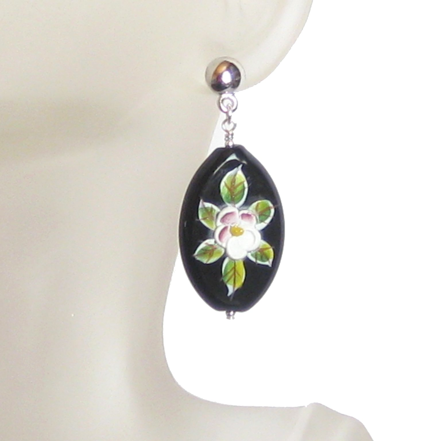 Murano Glass Black Oval Flower Sterling Silver Earrings - JKC Murano