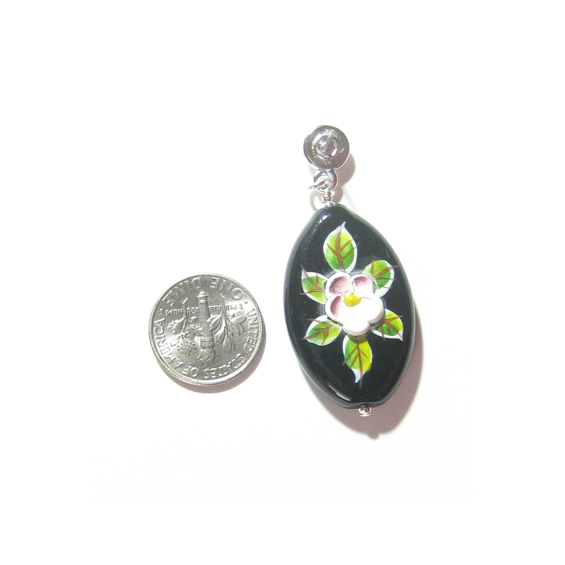 Murano Glass Black Oval Flower Sterling Silver Earrings - JKC Murano