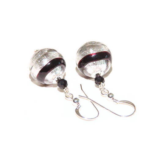 Murano Glass Black Silver Saturn Ball Silver Earrings