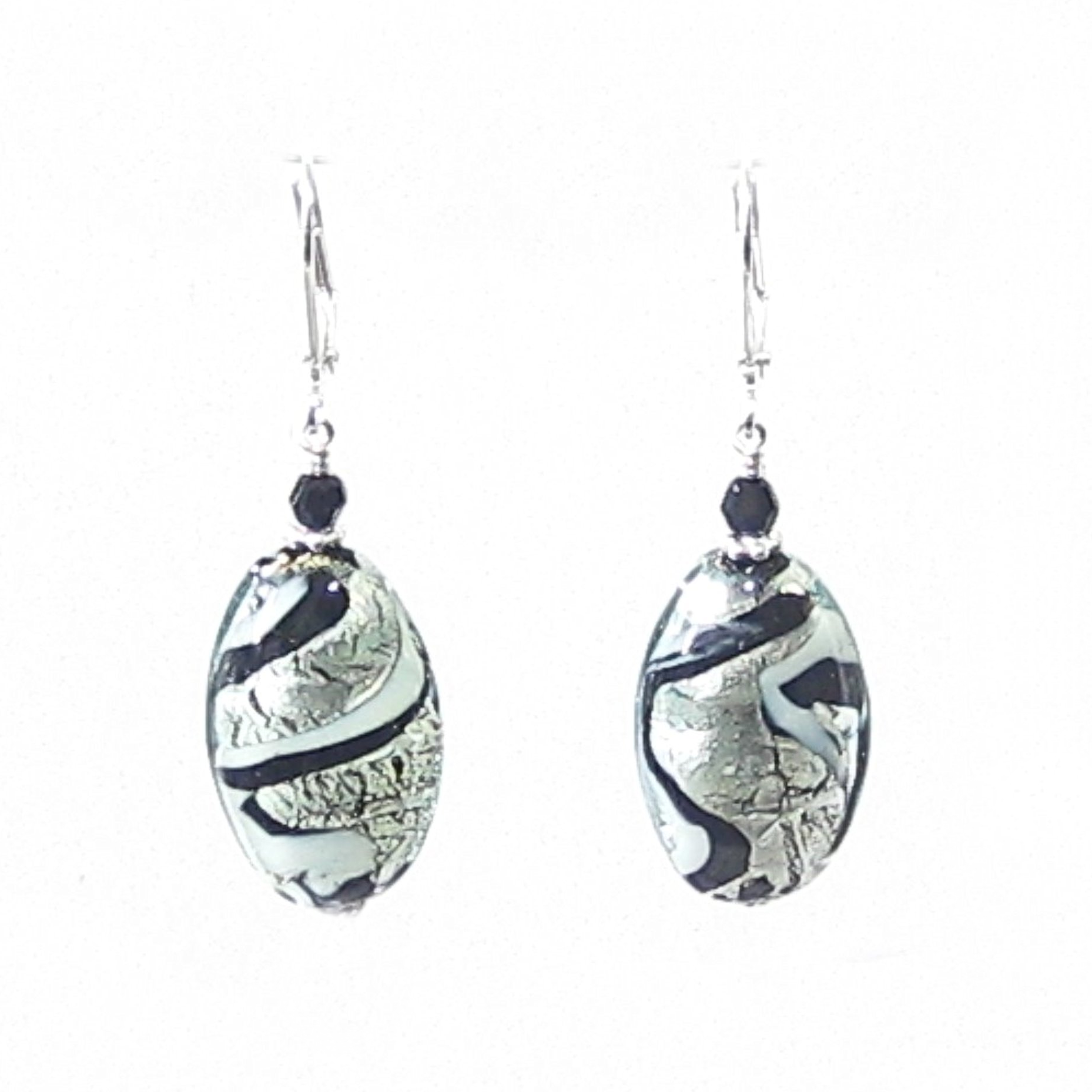 Murano Glass Black White Swirl Oval Sterling Silver Earrings - JKC Murano