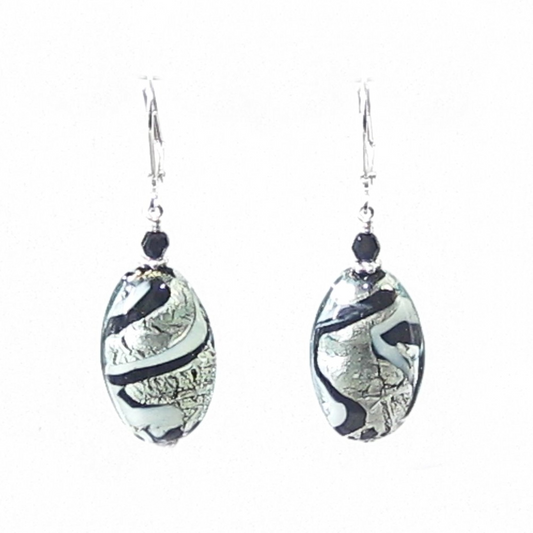 Murano Glass Black White Swirl Oval Sterling Silver Earrings - JKC Murano