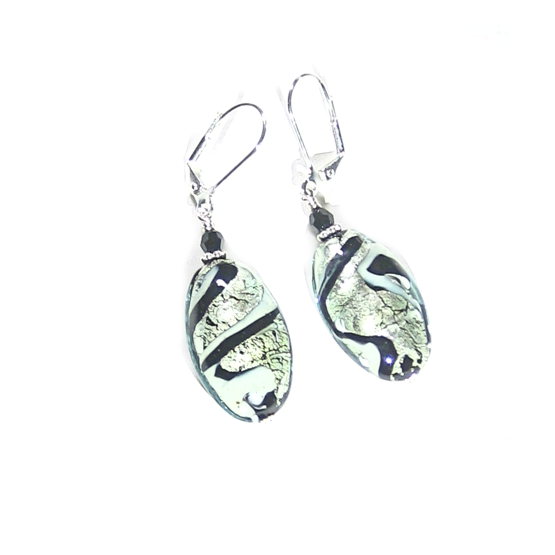 Murano Glass Black White Swirl Oval Sterling Silver Earrings - JKC Murano