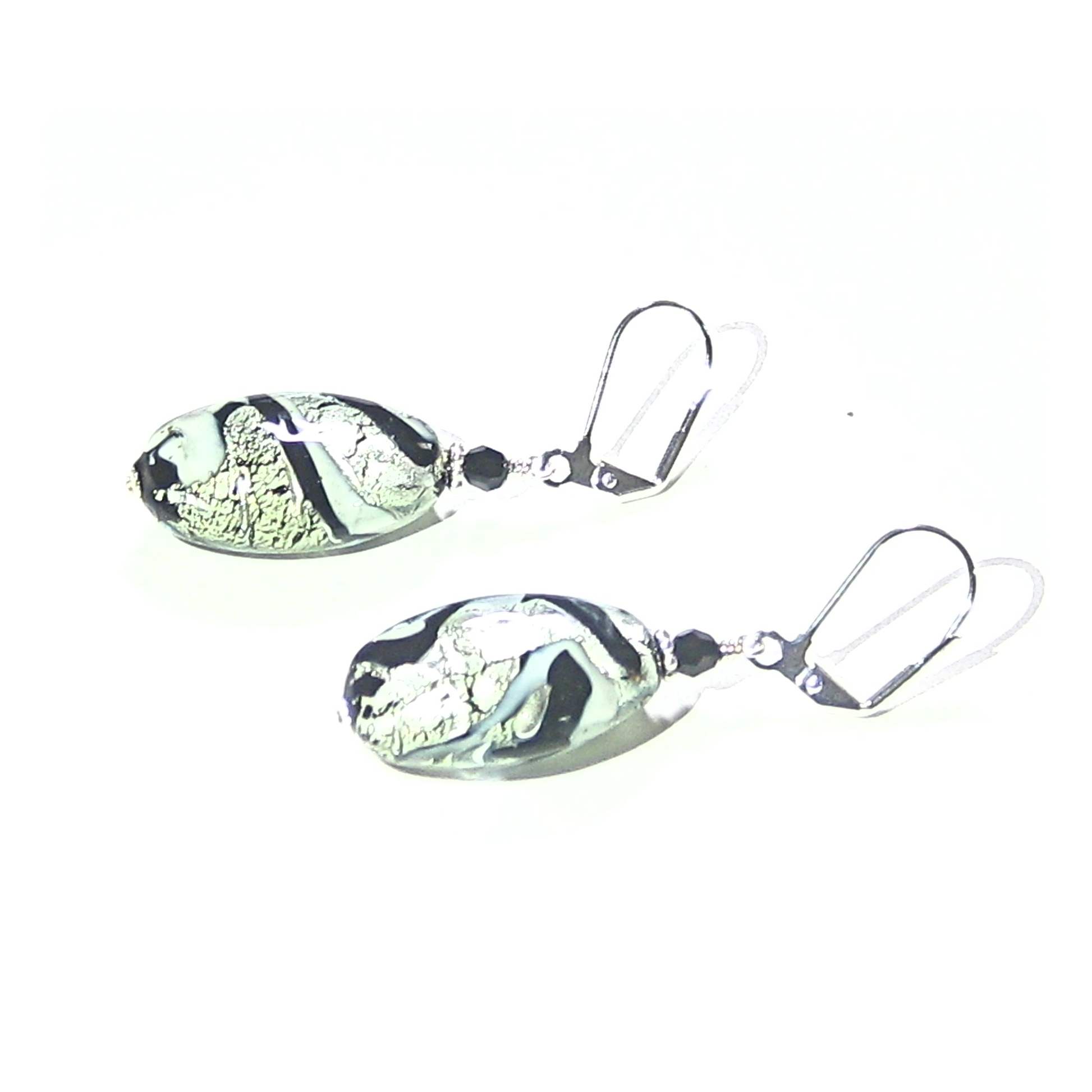 Murano Glass Black White Swirl Oval Sterling Silver Earrings - JKC Murano