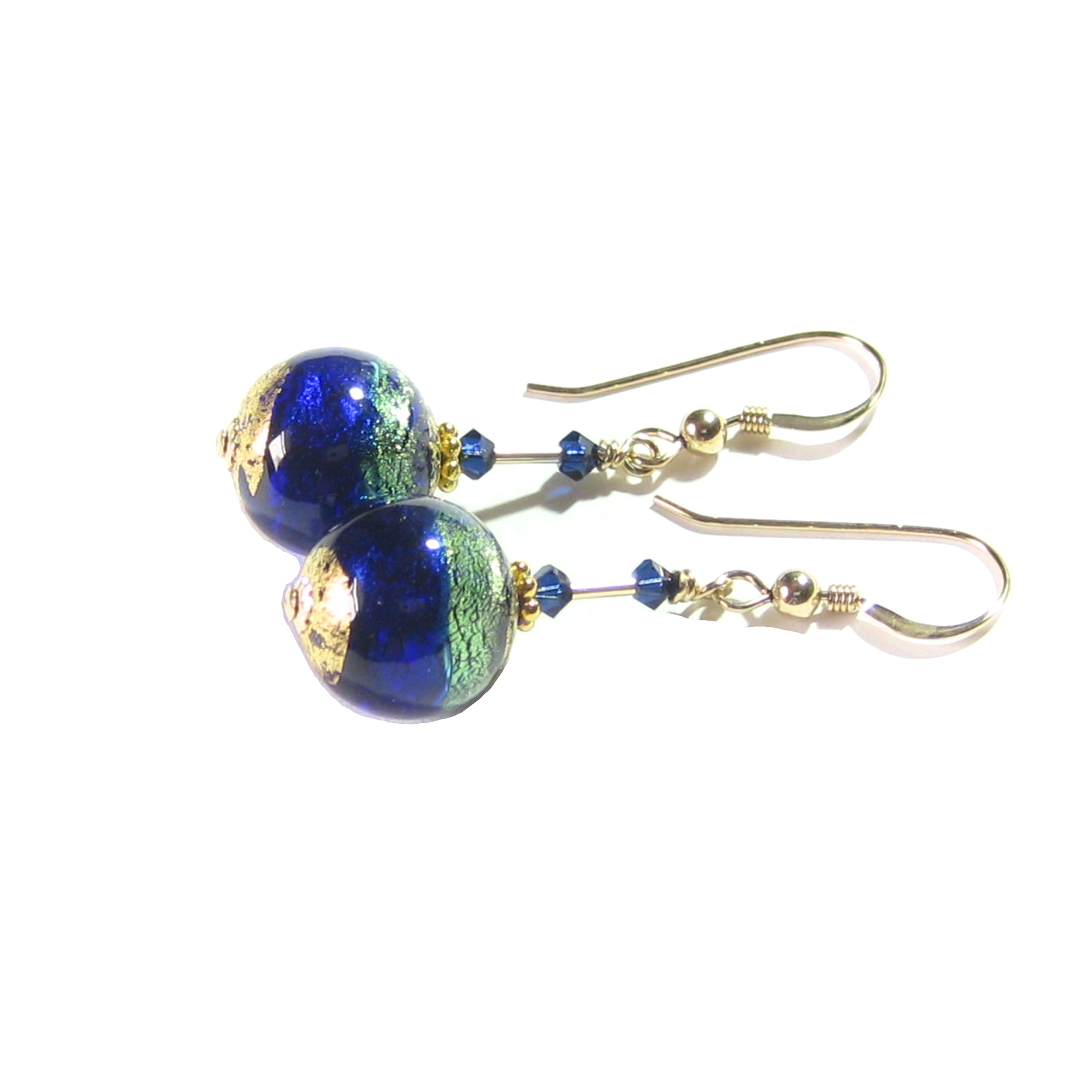 Murano Glass Cobalt Blue Aqua Ball Gold Earrings by JKC Murano - JKC Murano