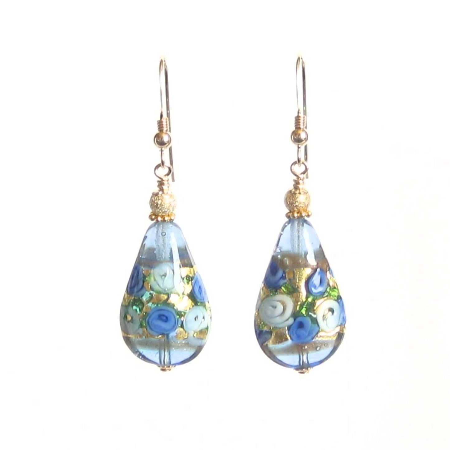 Murano Glass Teardrop Blue Roses Gold Earrings, JKC Murano - JKC Murano