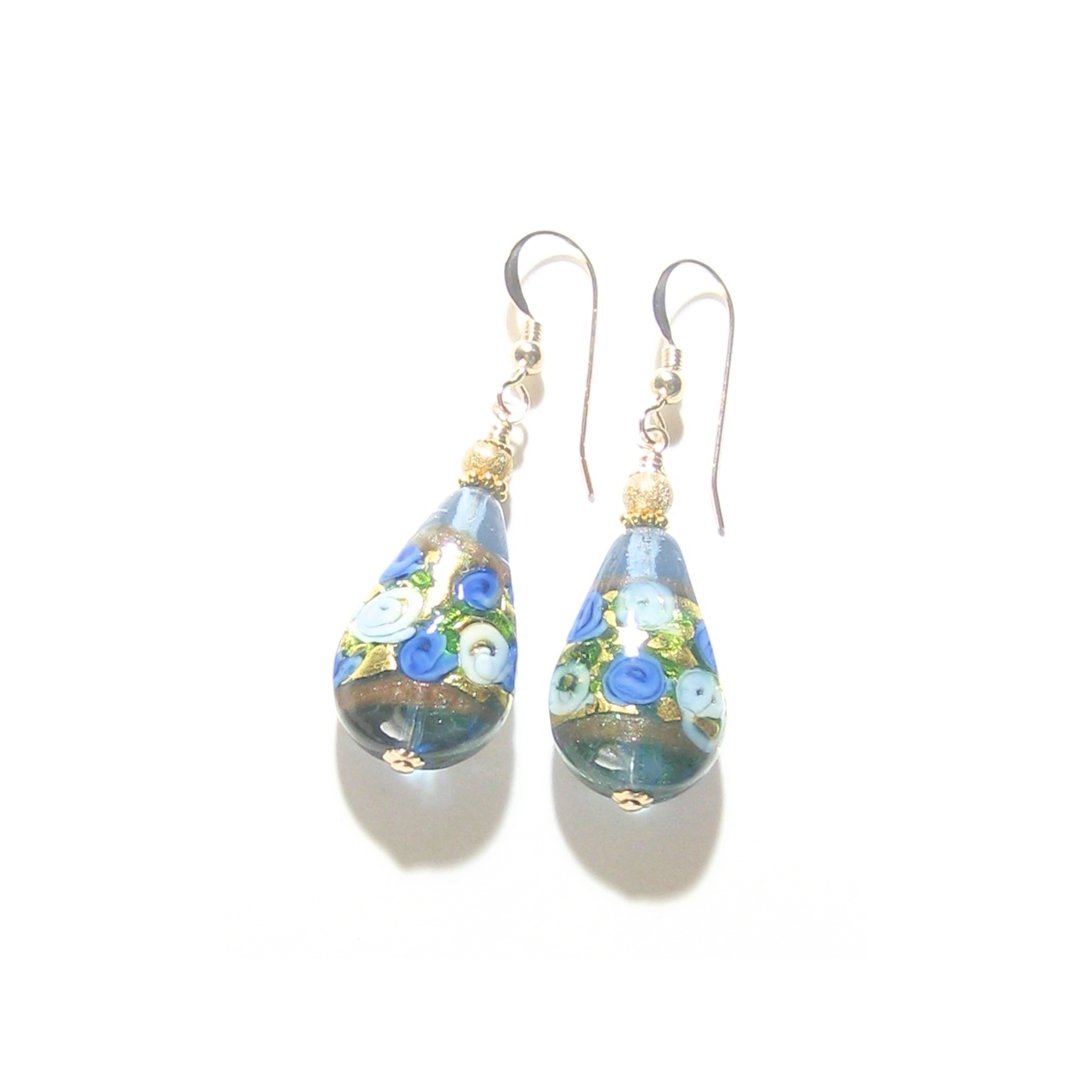 Murano Glass Teardrop Blue Roses Gold Earrings, JKC Murano - JKC Murano