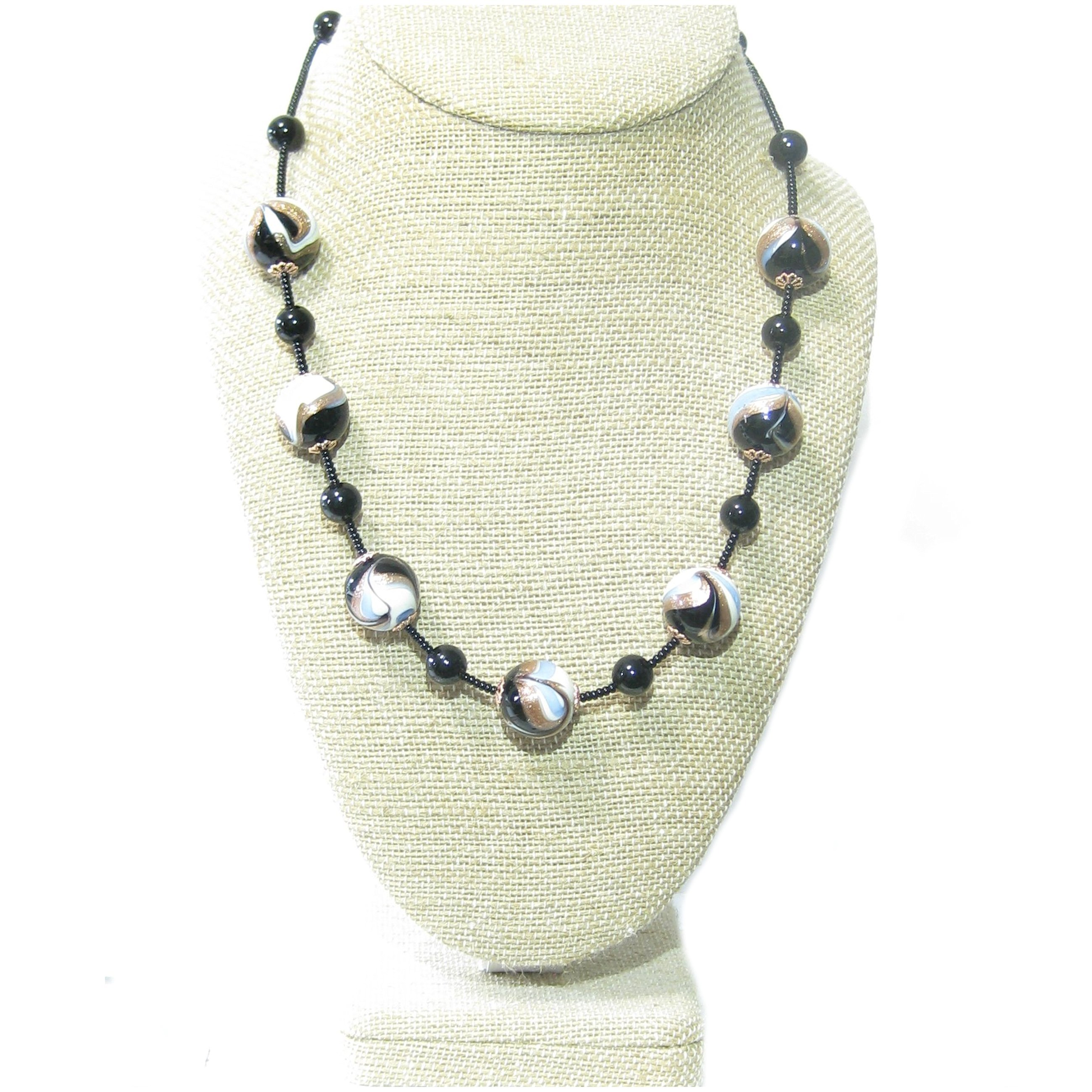 Murano Glass Blue Black Copper Swirl Silver Necklace - JKC Murano