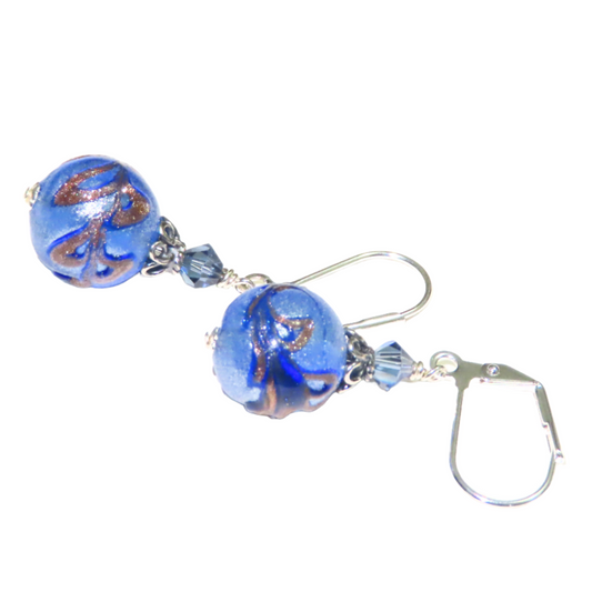 Murano Glass Blue Old Charm Ball Silver Earrings