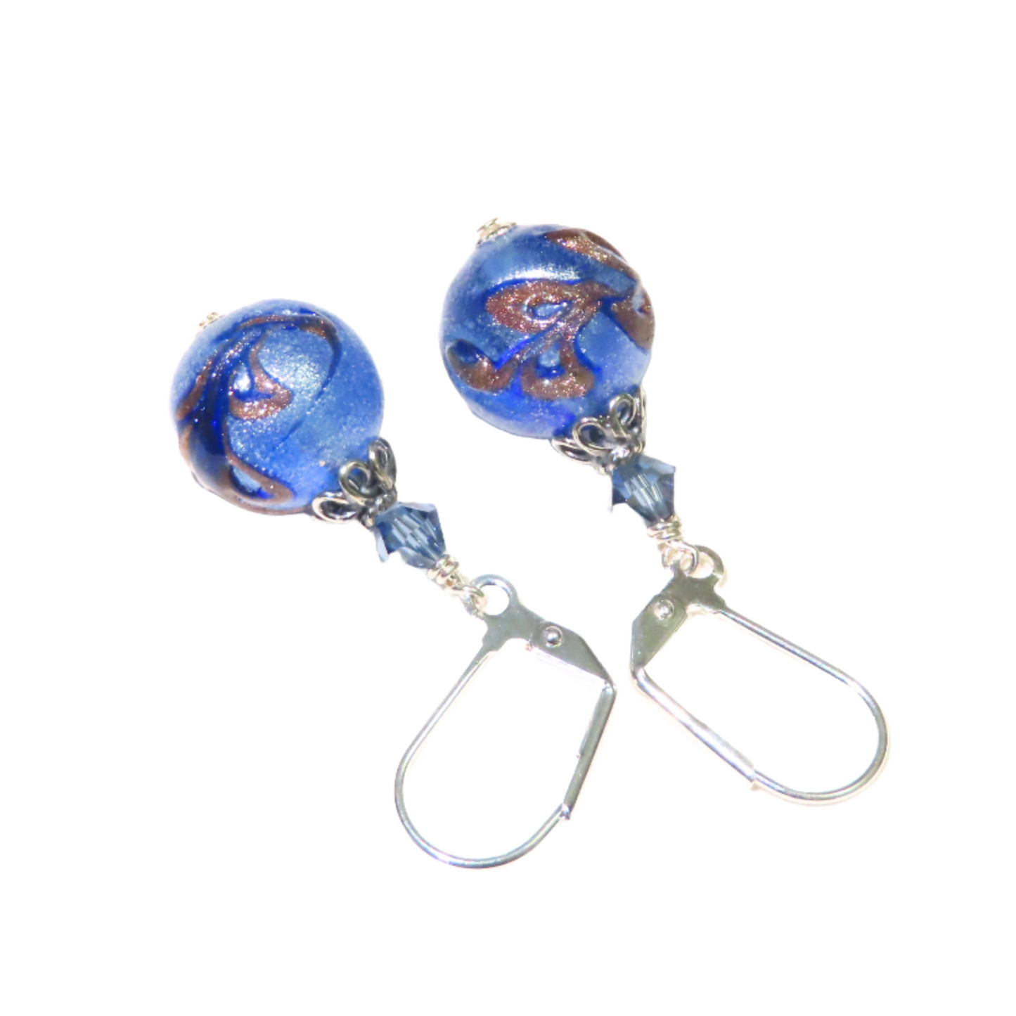 Murano Glass Blue Old Charm Ball Silver Earrings
