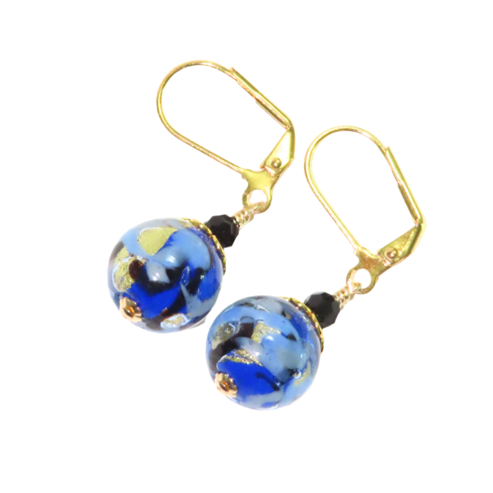 a pair of earrings with blue glass beads