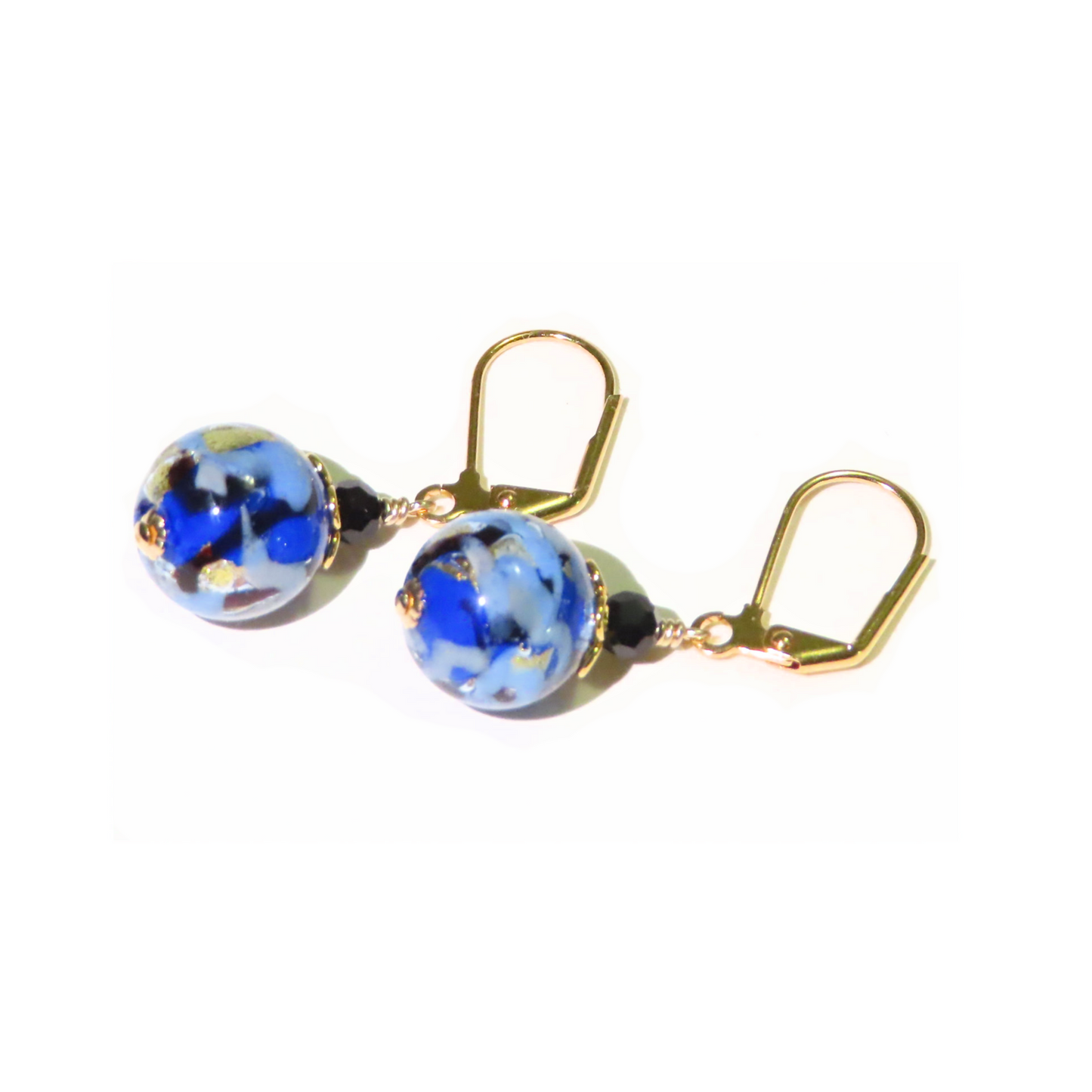 a pair of earrings with blue glass beads