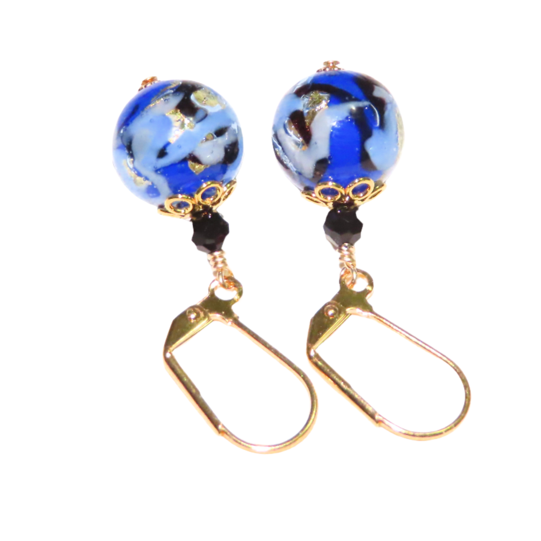 a pair of earrings with blue and black beads