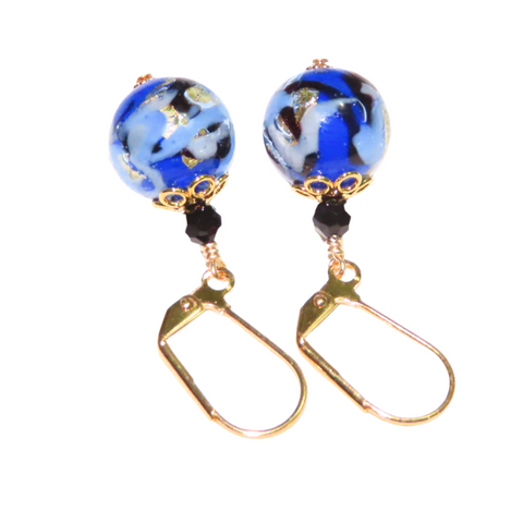 a pair of earrings with blue and black beads