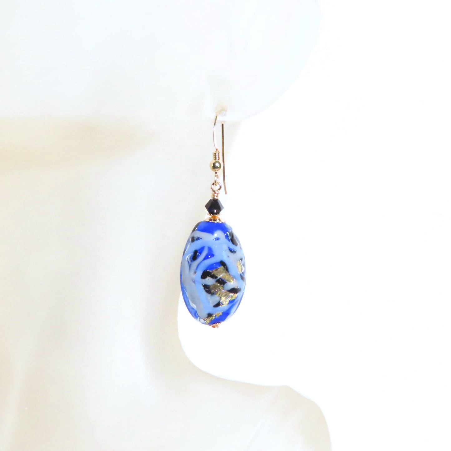 Murano glass blue gold oval long earrings