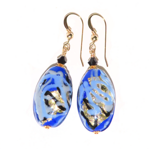 Murano glass blue gold oval long earrings