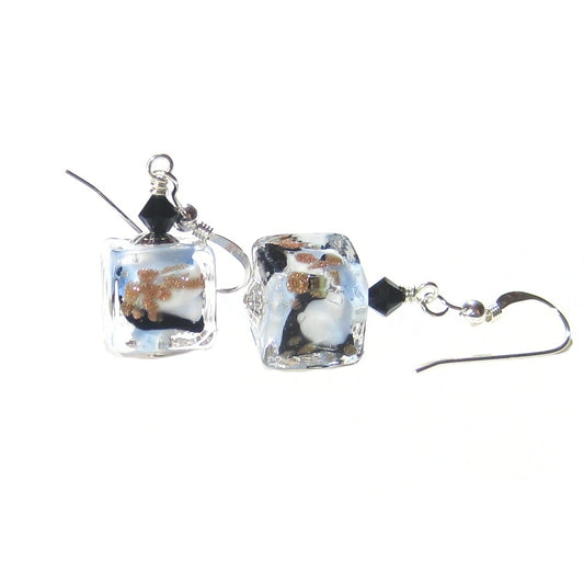 Murano Glass Blue White Black Leopard Cube Sterling Silver Earrings - JKC Murano