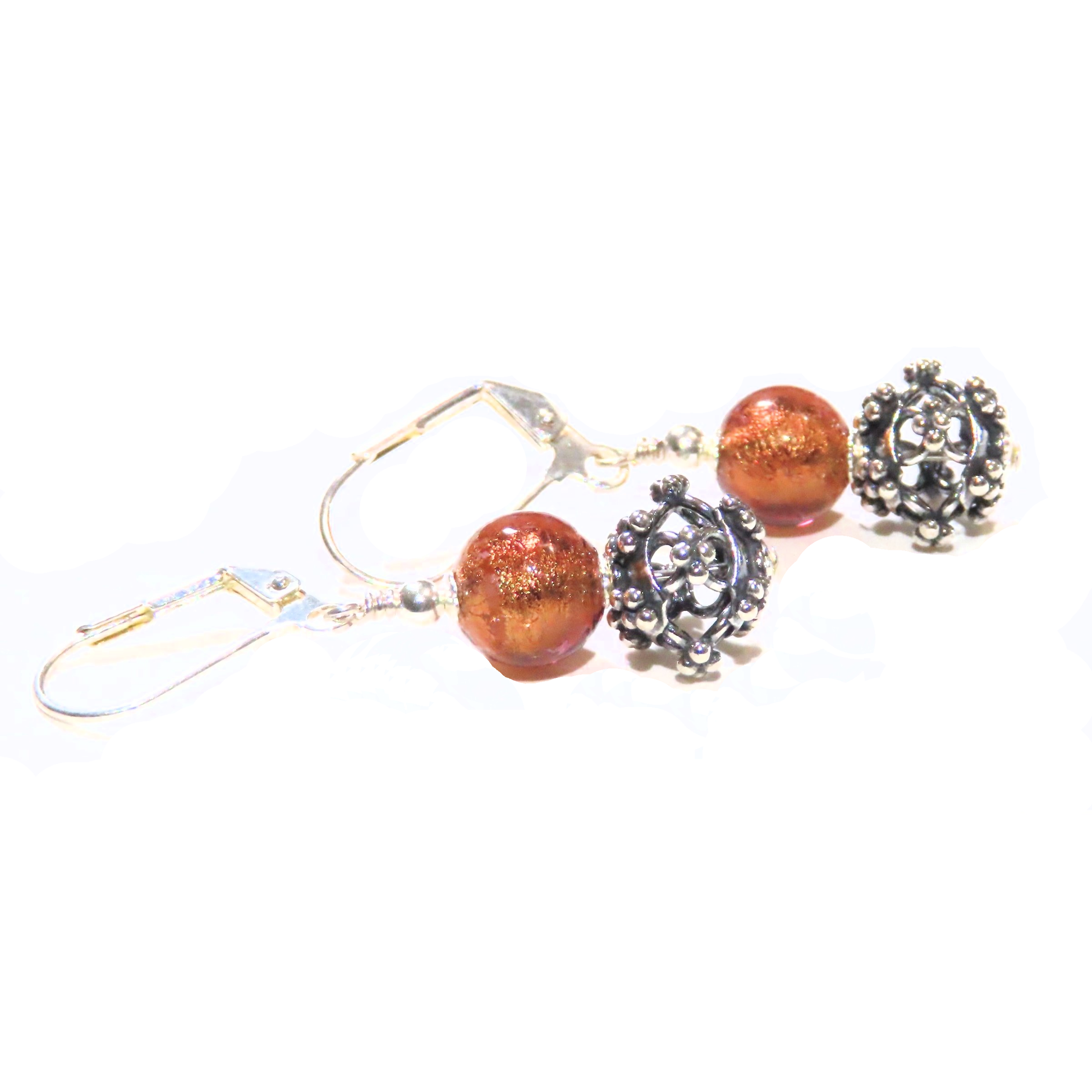 Murano Glass Brown Wire Ball Sterling Silver Earrings - JKC Murano