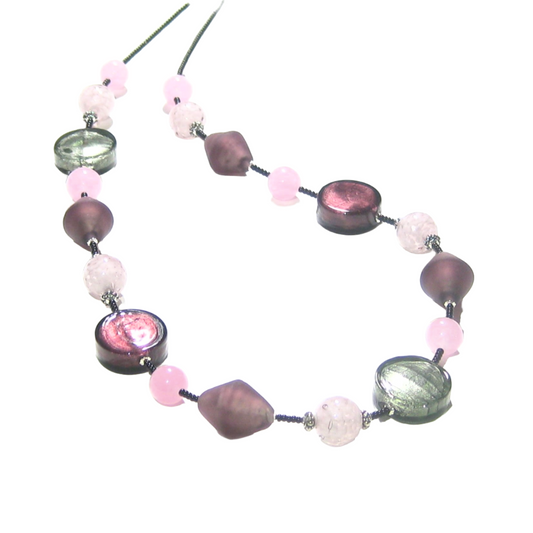 Murano Glass Purple Pink Gray Long Silver Necklace - JKC Murano