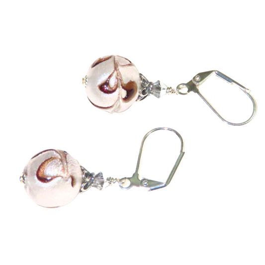 Murano Glass Feather Ball Silver Earrings