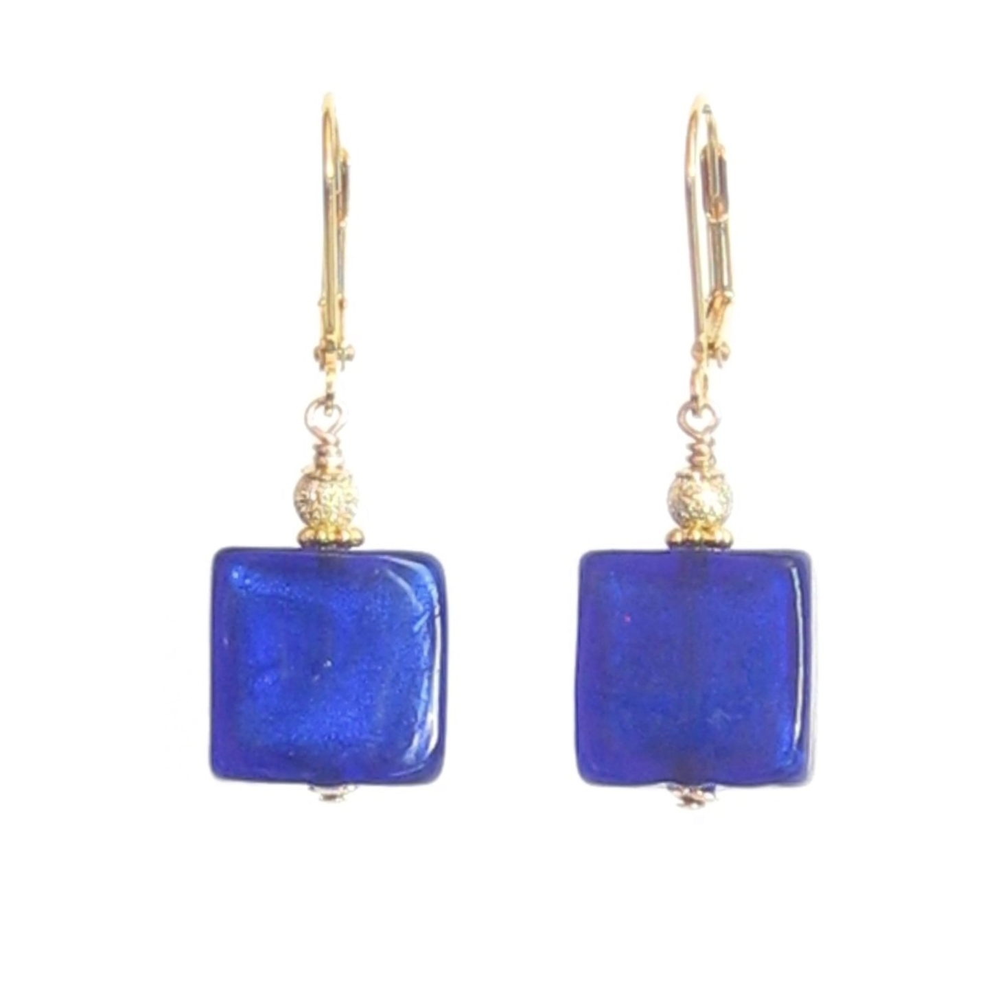 Murano Glass Cobalt Blue Chunky Square Gold Earrings - JKC Murano