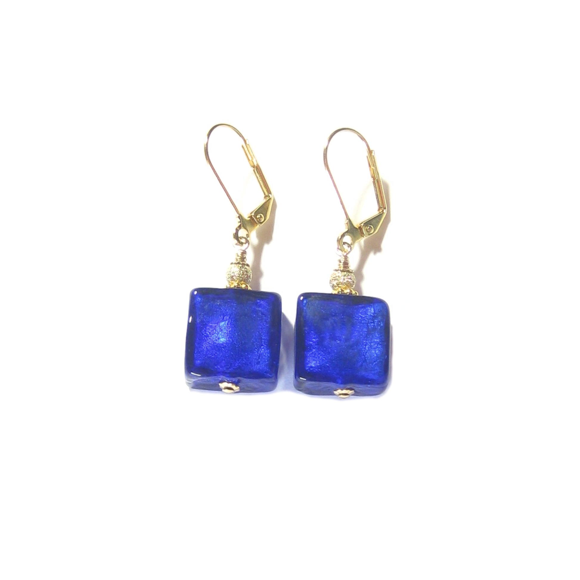 Murano Glass Cobalt Blue Chunky Square Gold Earrings - JKC Murano