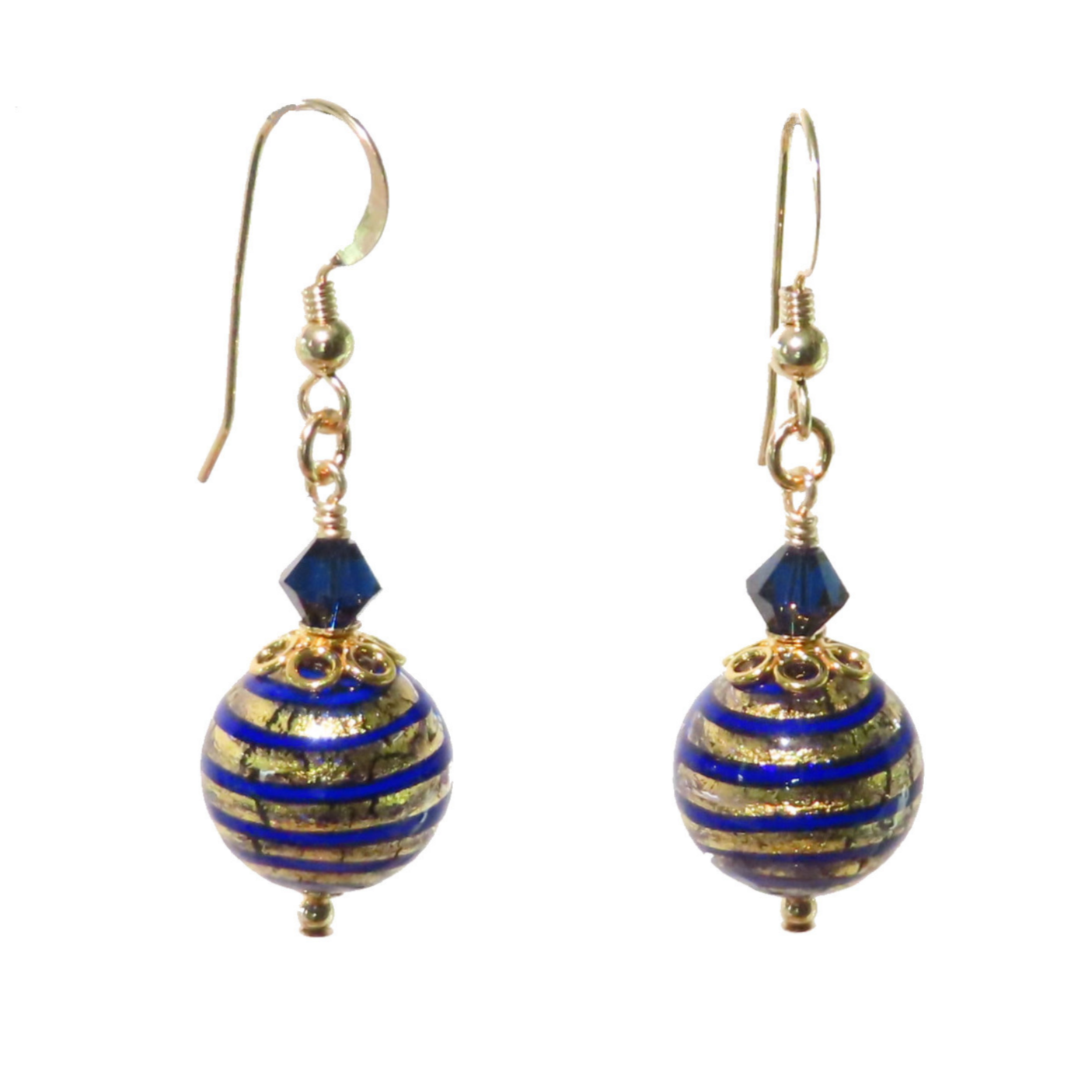 a pair of blue and gold earrings on a white background