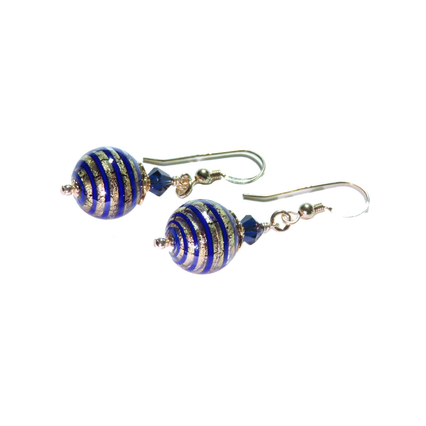 a pair of blue and silver earrings on a white background