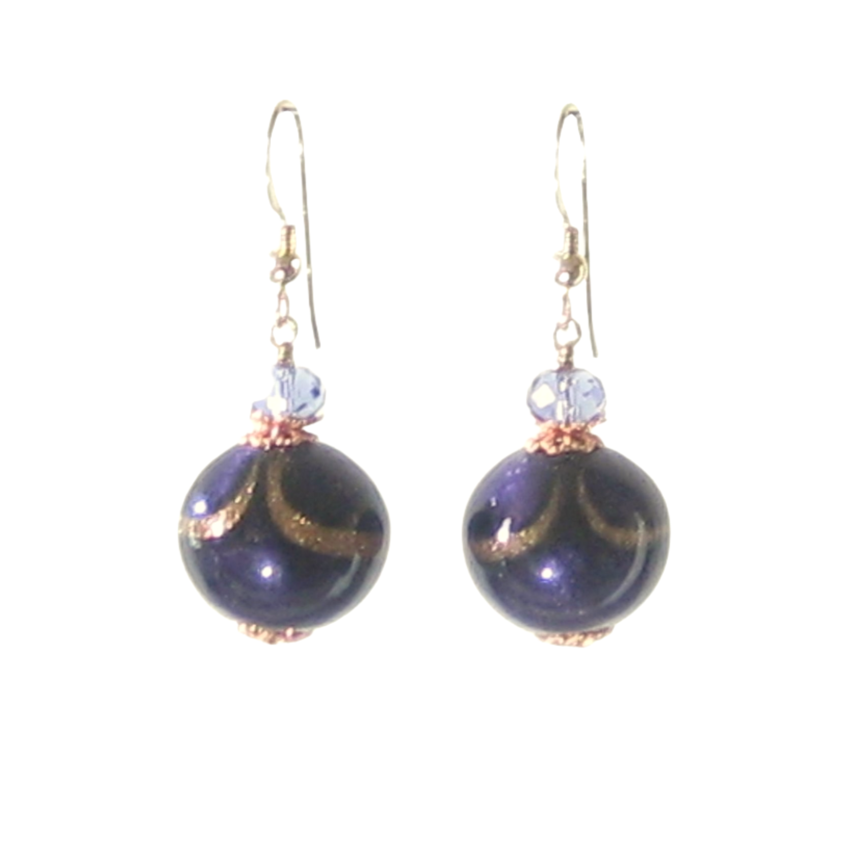 Murano Glass Dark Purple Copper Ball Gold Earrings, Italian Glass Jewelry - JKC Murano