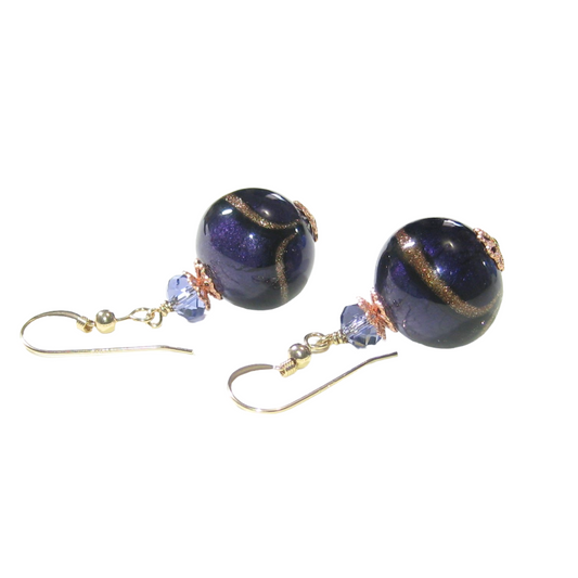 Murano Glass Dark Purple Copper Ball Gold Earrings, Italian Glass Jewelry - JKC Murano