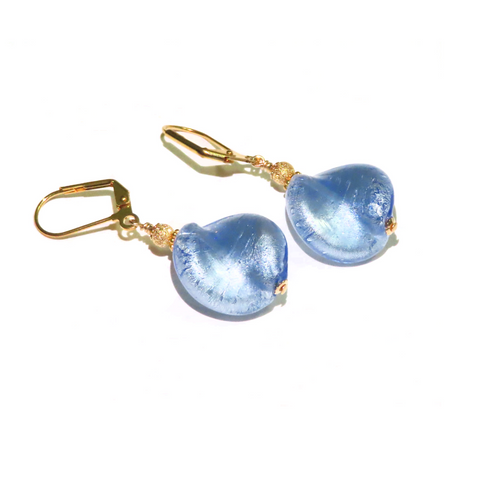 a pair of earrings with blue glass beads