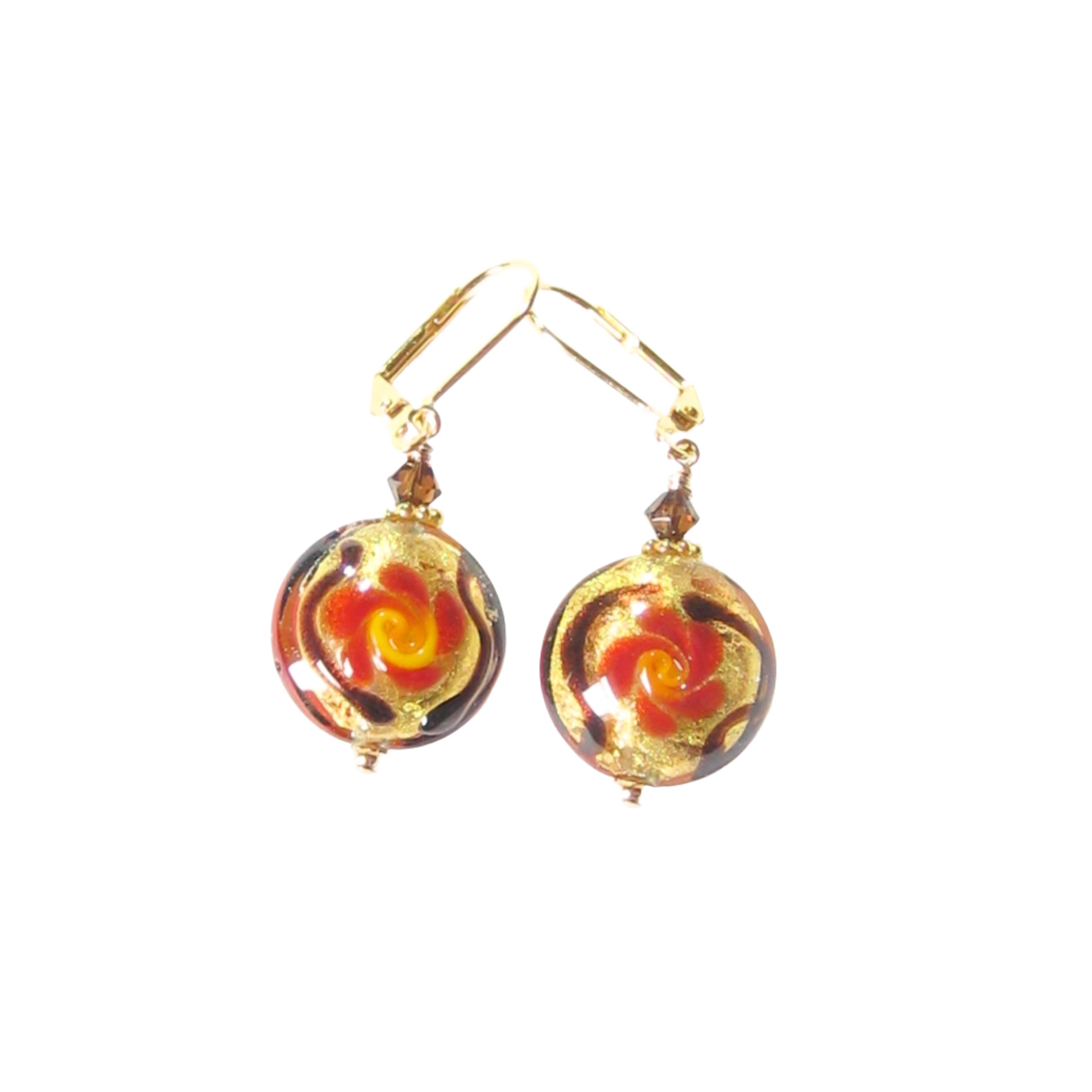 Murano Glass Orange Flower Disc Gold Earrings - JKC Murano