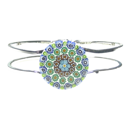 Murano Glass Green Blue Millefiori Chrome Bangle Bracelet - JKC Murano