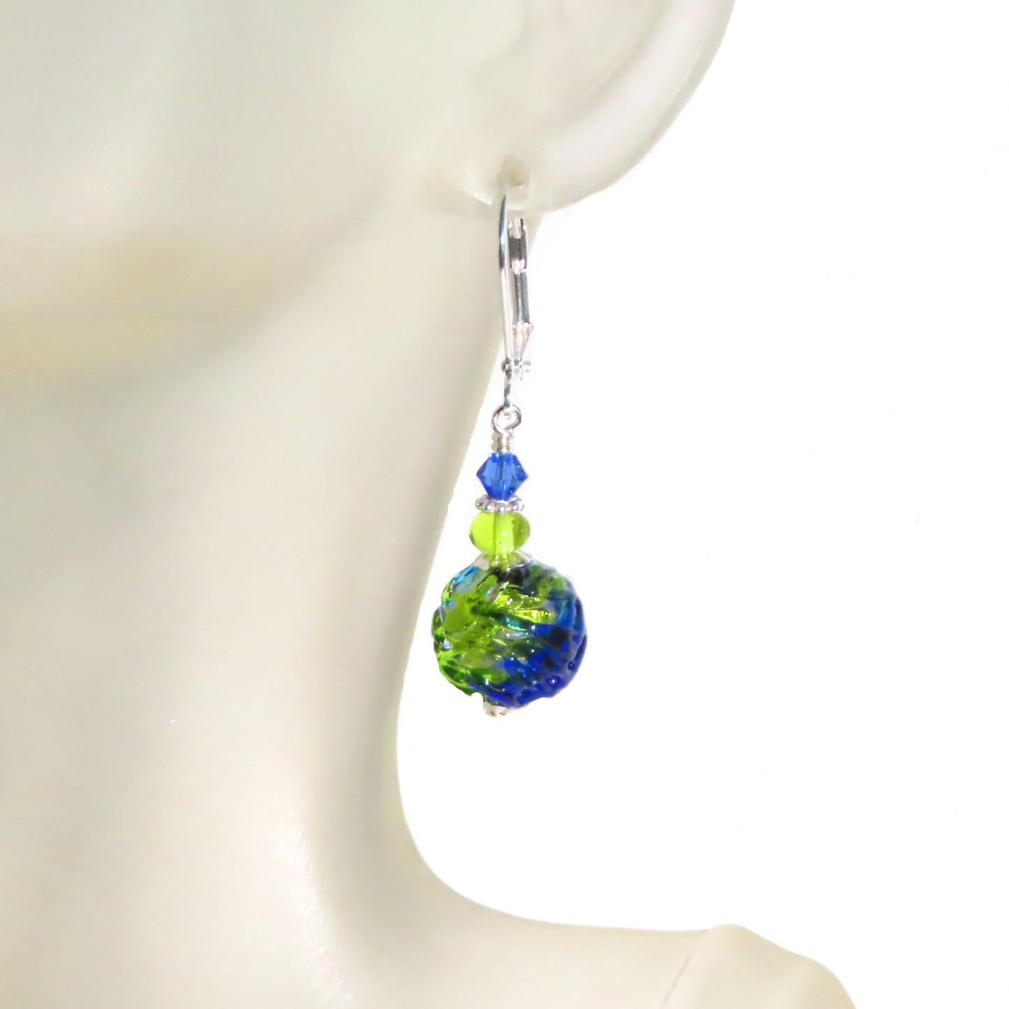 Murano Glass Dark Blue Green Glacier Ball Sterling Silver Earrings