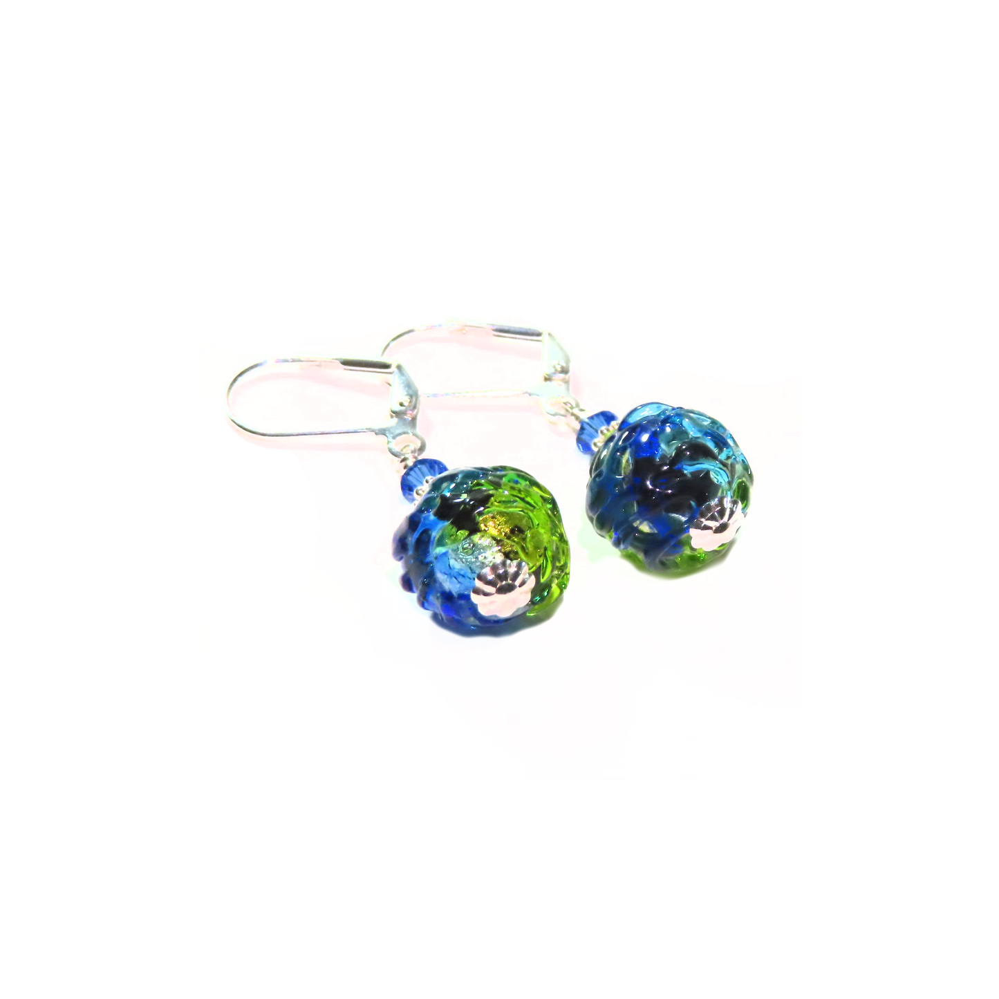 Murano Glass Dark Blue Green Glacier Ball Sterling Silver Earrings