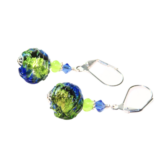 Murano Glass Dark Blue Green Glacier Ball Sterling Silver Earrings