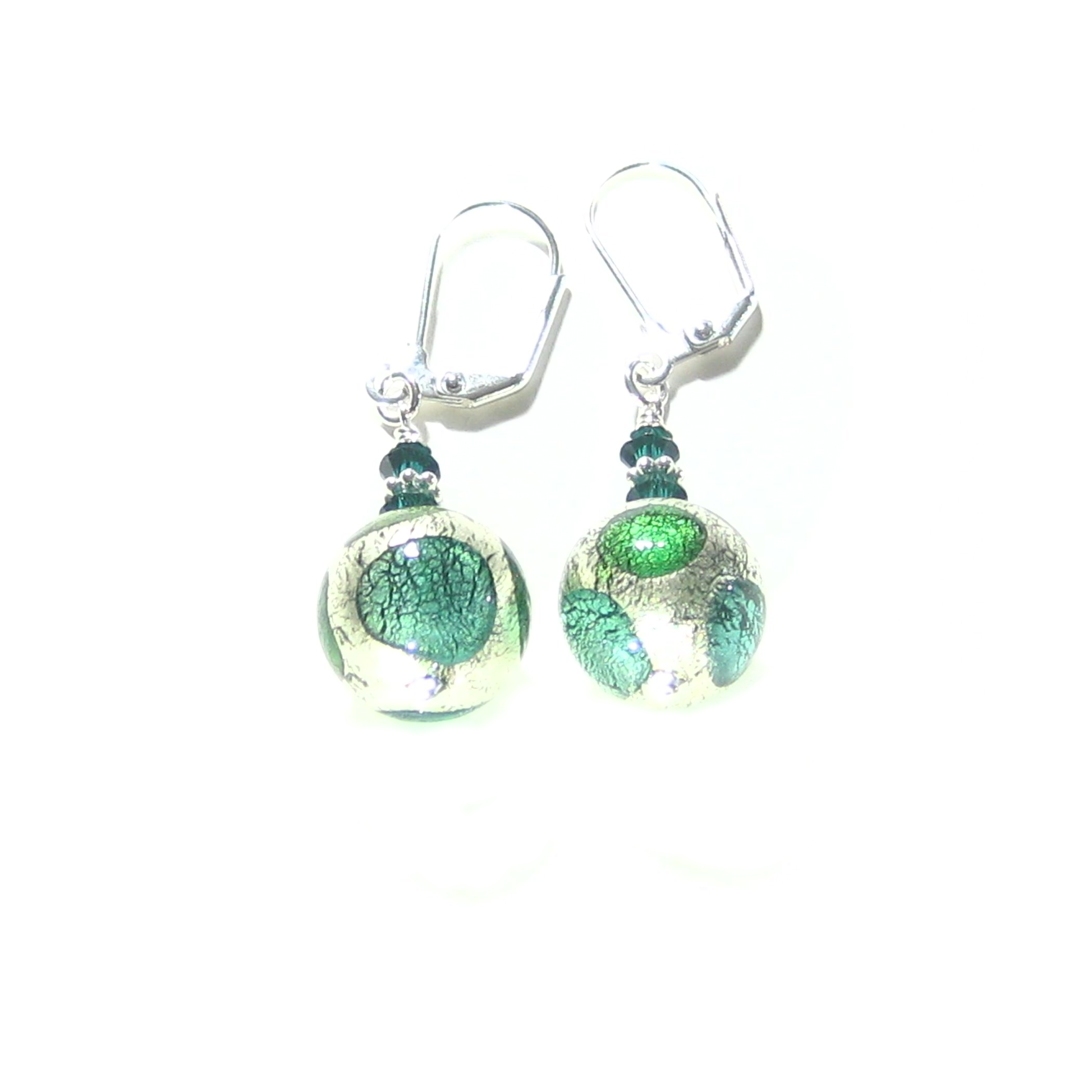 Murano Glass Green Dot Ball Silver Earrings - JKC Murano