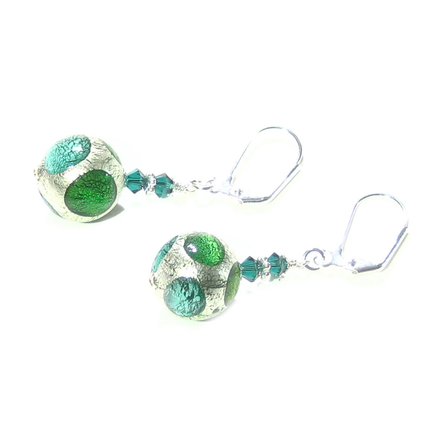 Murano Glass Green Dot Ball Silver Earrings - JKC Murano