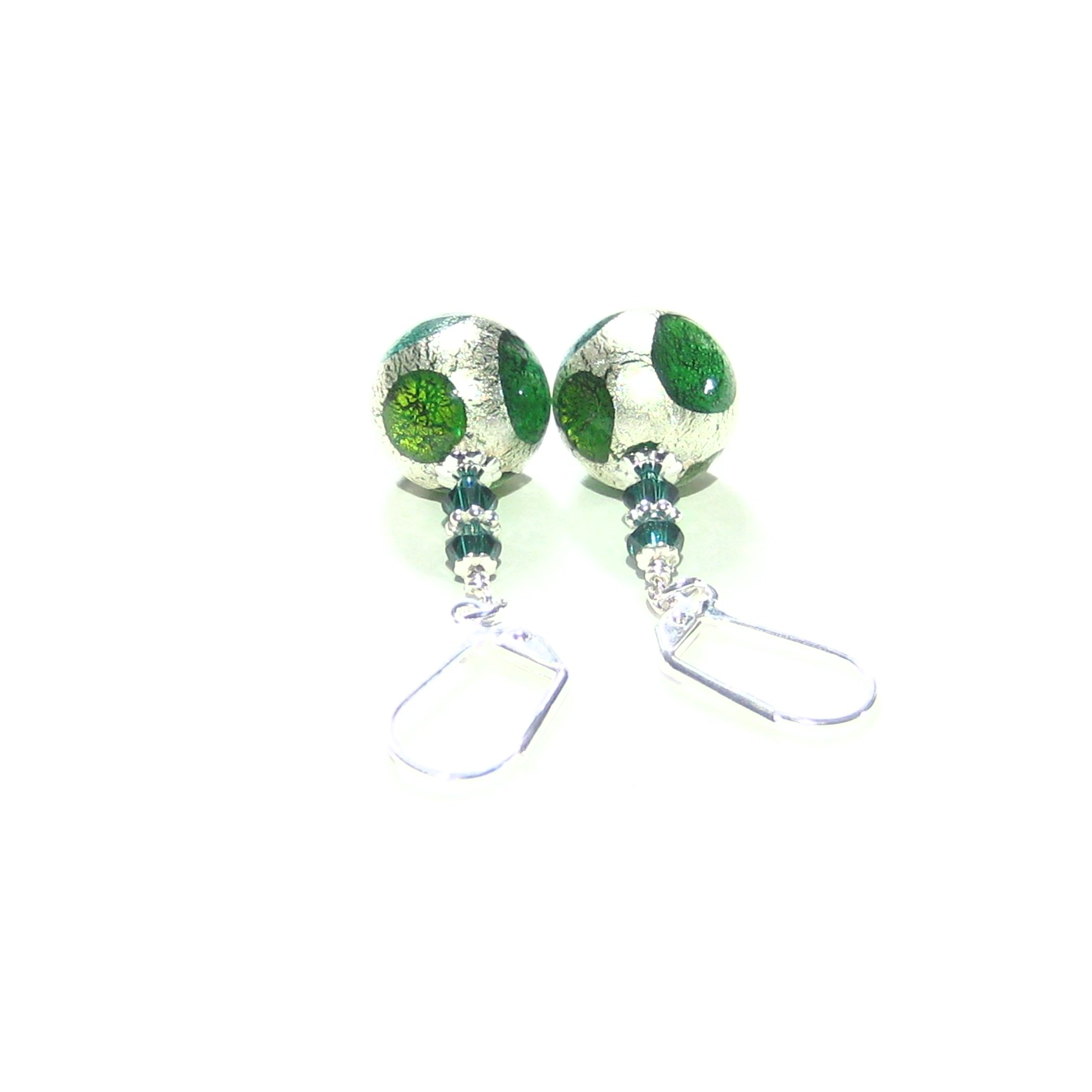 Murano Glass Green Dot Ball Silver Earrings - JKC Murano