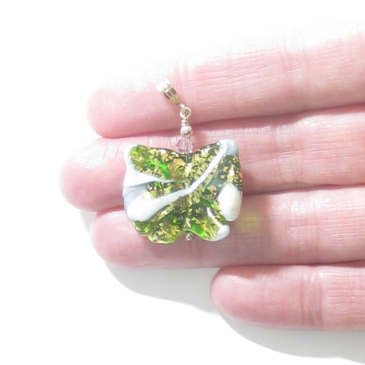 Murano Glass Green White Butterfly Pendant Necklace - JKC Murano