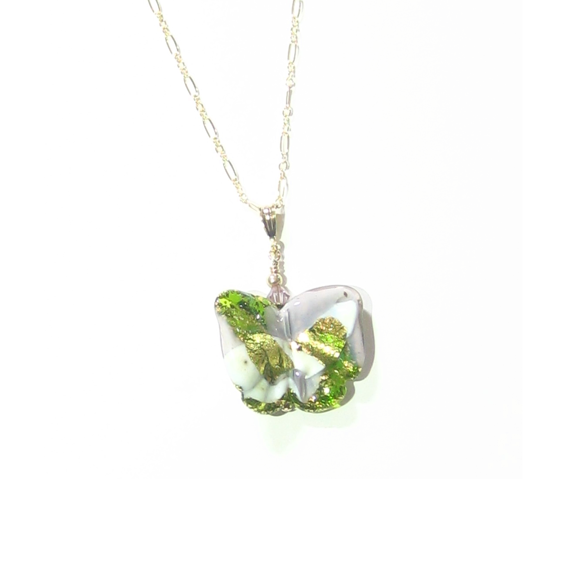 Murano Glass Green White Butterfly Pendant Necklace - JKC Murano