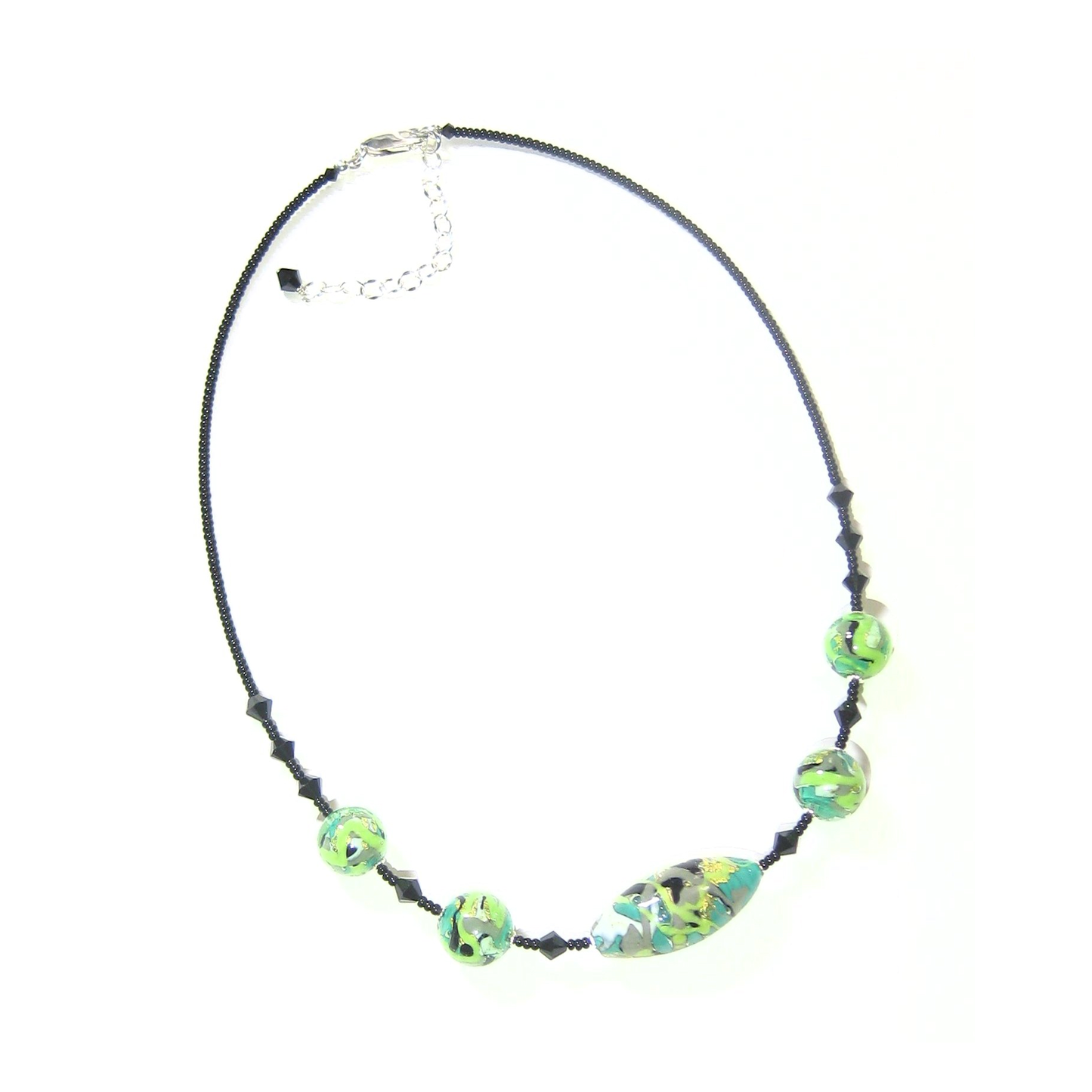 Murano Glass Green Gray Abstract Ball Silver Necklace - JKC Murano