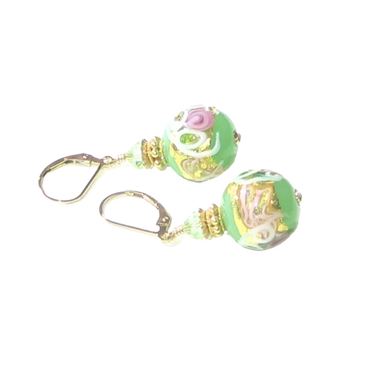 Murano Glass Green Wedding Cake Rose Gold Earrings - JKC Murano