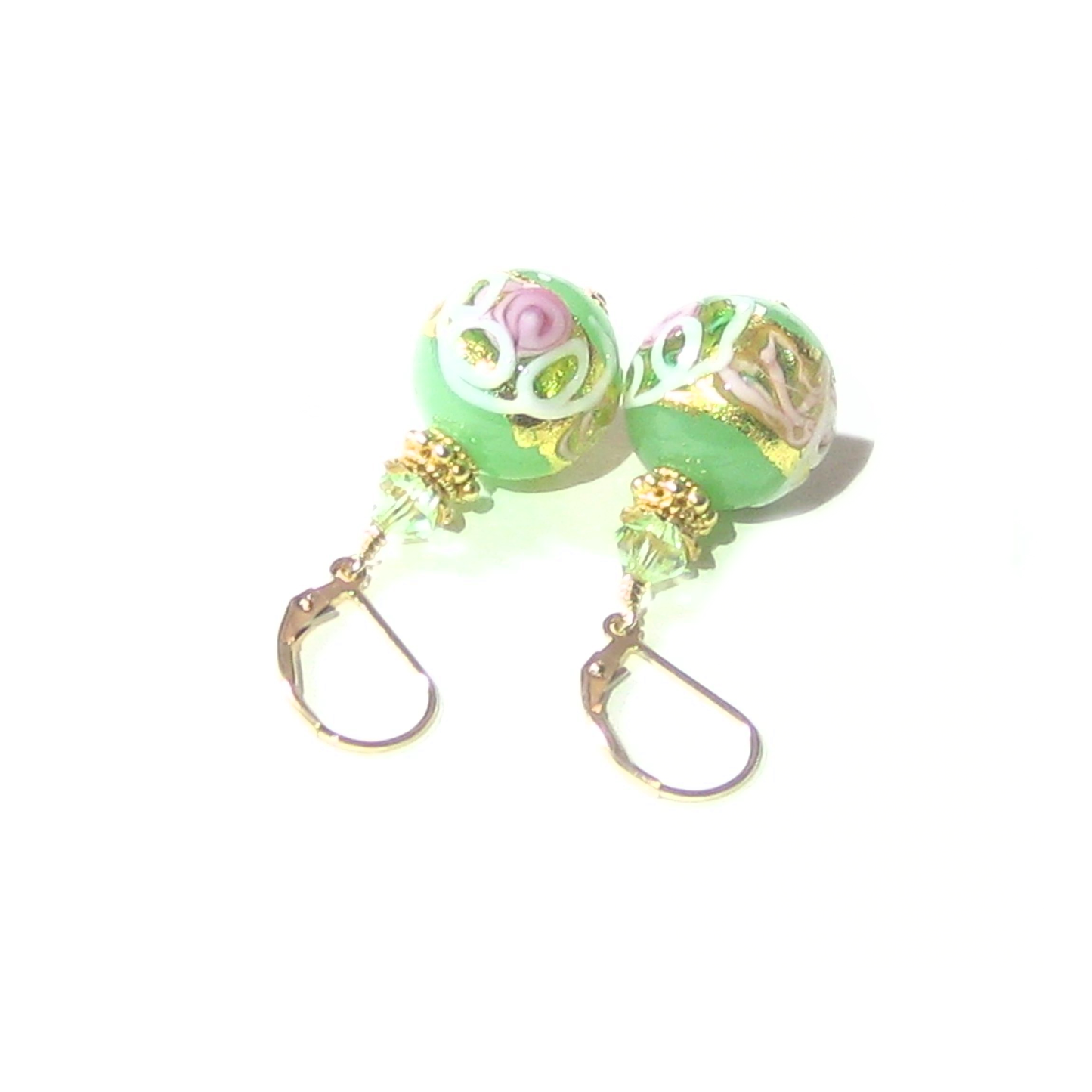 Murano Glass Green Wedding Cake Rose Gold Earrings - JKC Murano