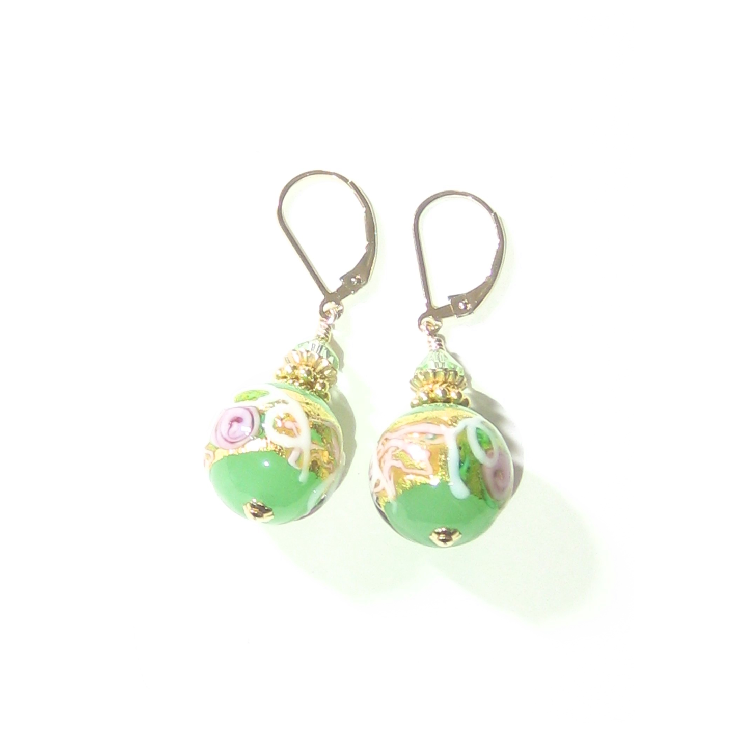 Murano Glass Green Wedding Cake Rose Gold Earrings - JKC Murano