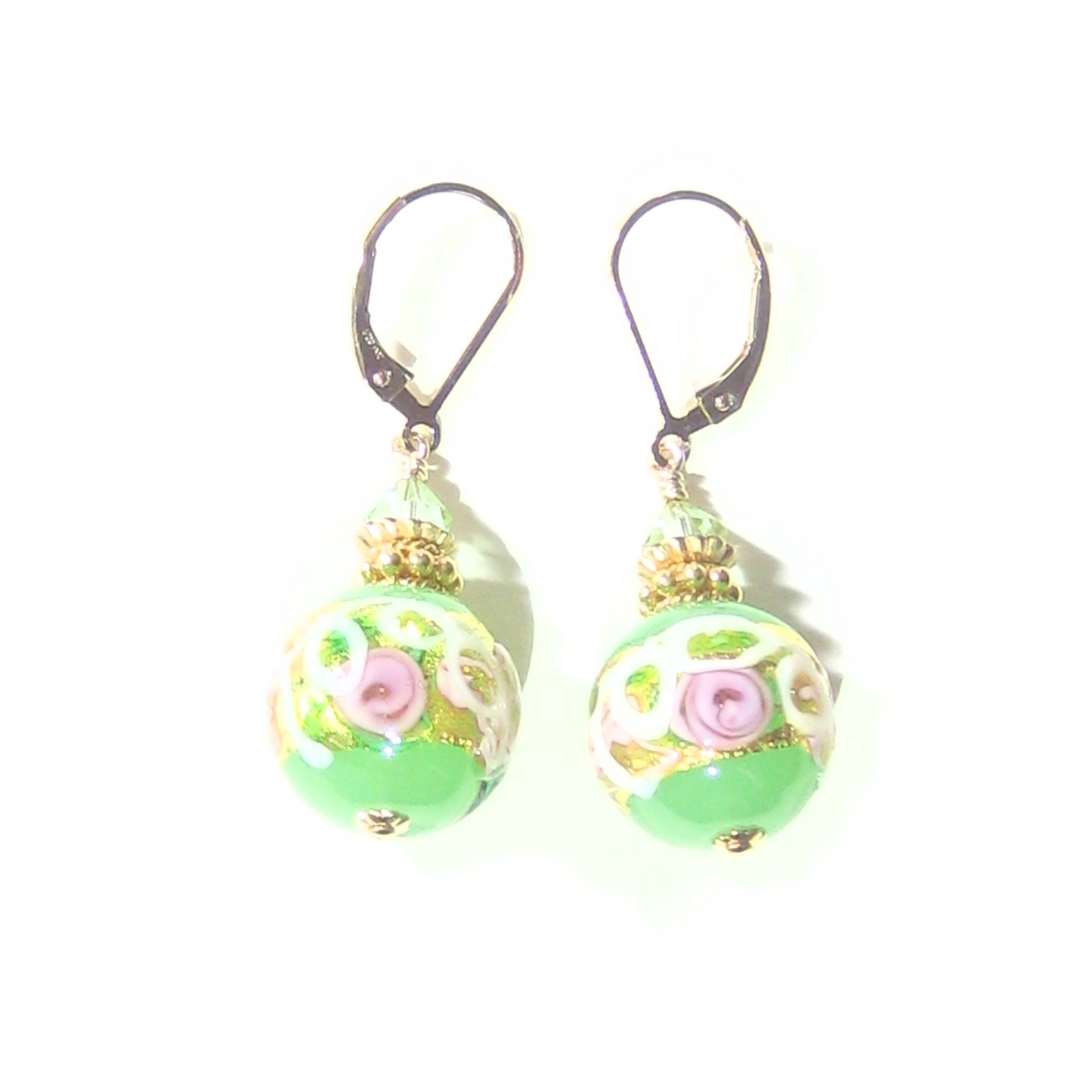 Murano Glass Green Wedding Cake Rose Gold Earrings - JKC Murano