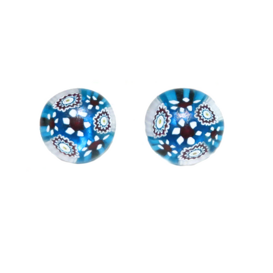 Murano Glass Large Aqua Black Millefiori Post Earrings, Studs